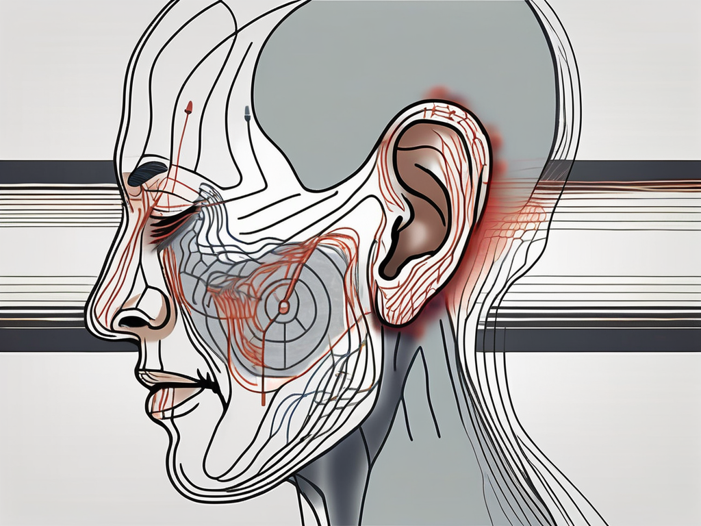 A human ear connected to a jaw with visible muscles